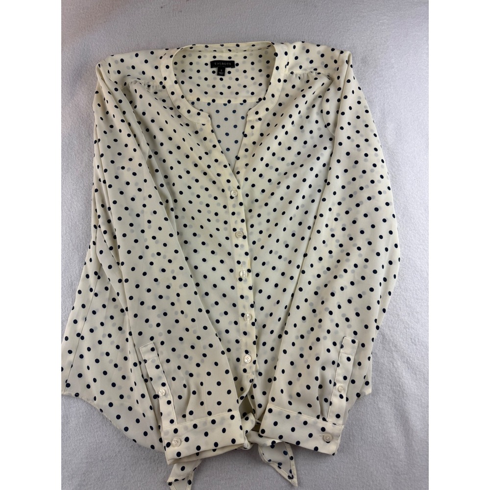 Talbots Polka Dot Blouse Tie Front Long Sleeve Button Down Top Size‎ S